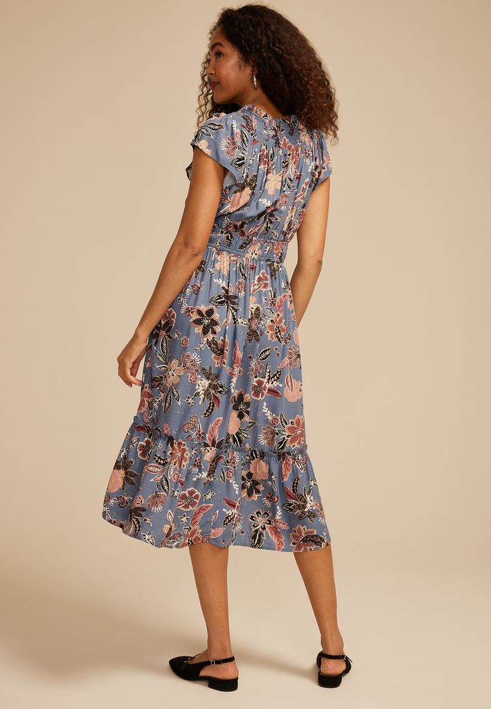Smocked Tiered Floral Print Midi Dress - Image 2