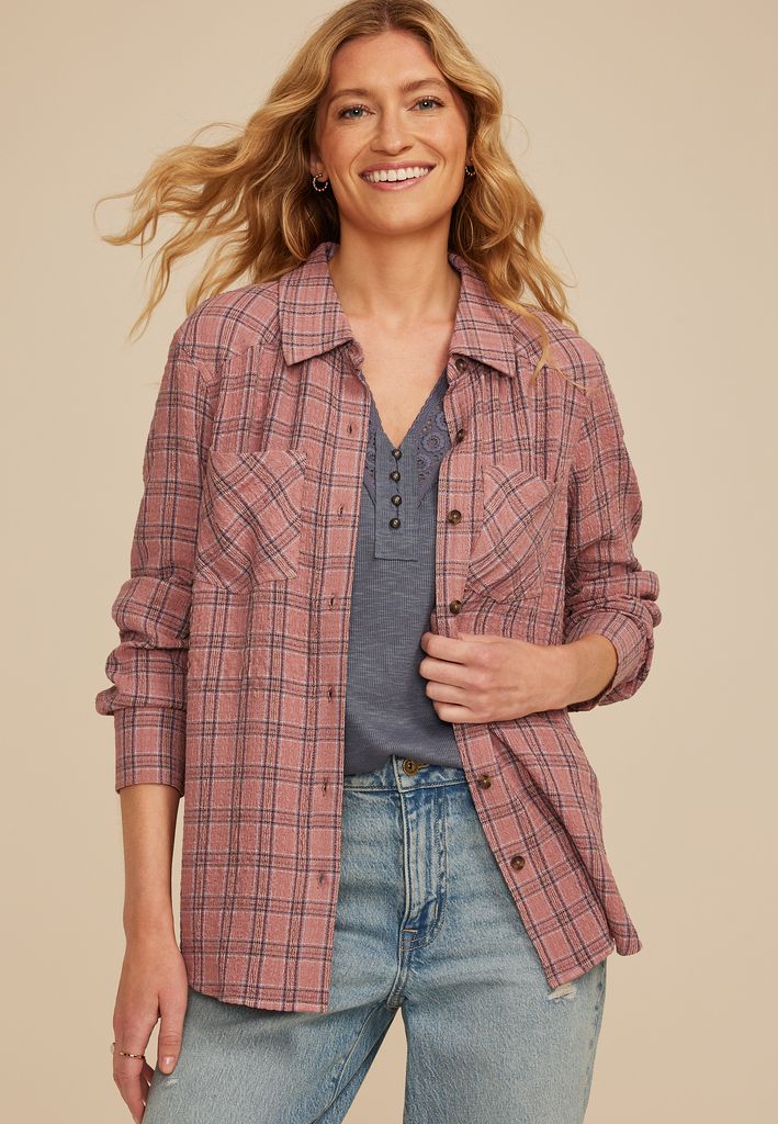 Pucker Plaid Button Down Shirt