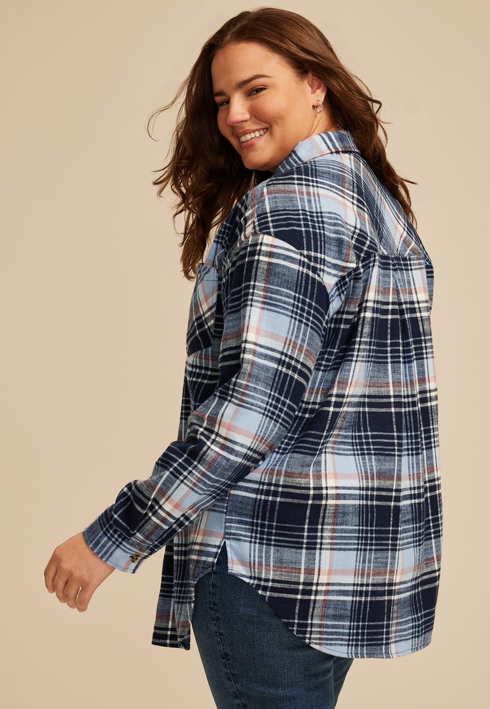 Plus Size Cabin Plaid Boyfriend Tunic Button Down Shirt - Image 2