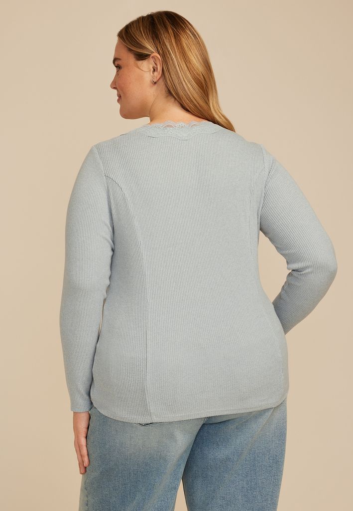 Plus Size Cozy Lace Trim V Neck Top - Image 2