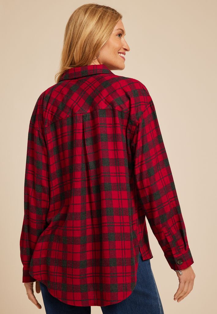 Plaid Boyfriend Tunic Button Down Shirt - Image 2