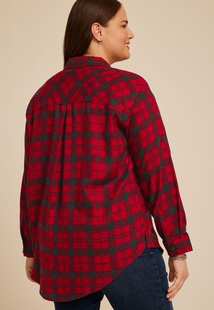 Plus Size Plaid Boyfriend Tunic Button Down Shirt - Image 2