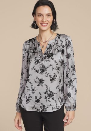 Gray Satin Floral Print Blouse