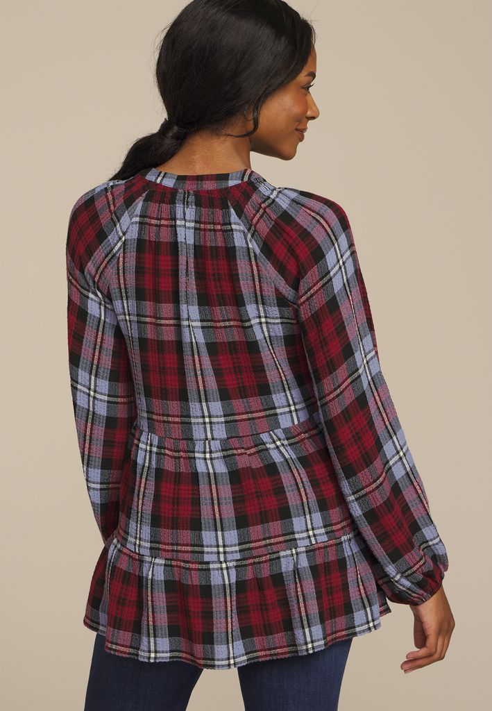 Plaid Tiered Button Front Blouse - Image 2