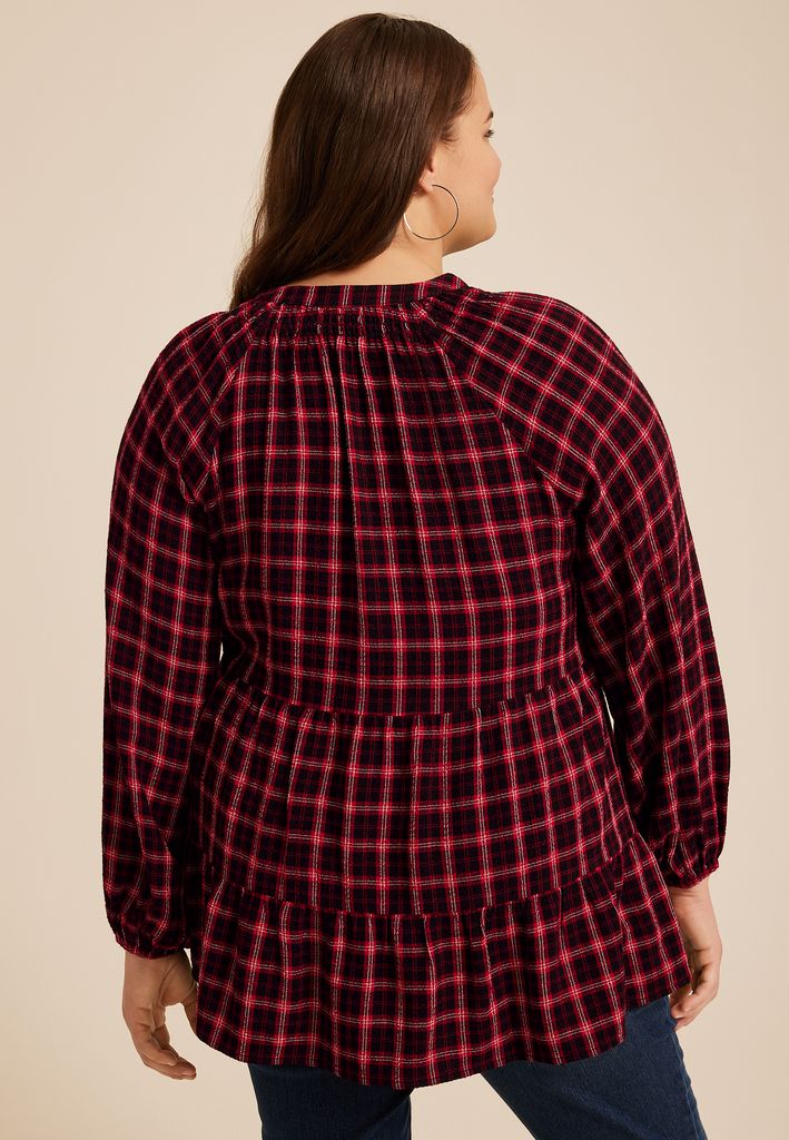 Plus Size Plaid Tiered Button Front Blouse - Image 2
