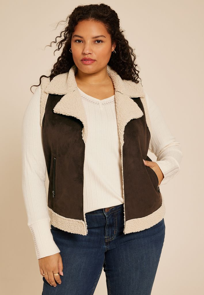 Plus Size Faux Suede Bonded Shearling Vest