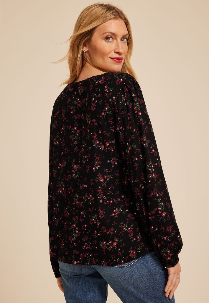 Floral V Neck Lace Button Front Blouse - Image 2