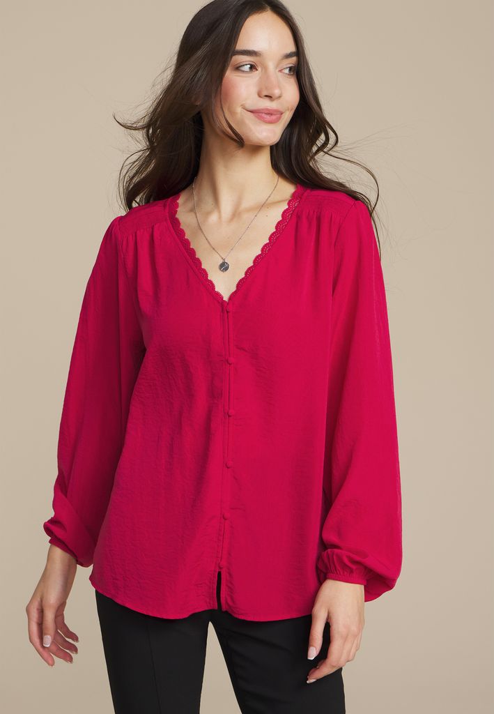 V Neck Lace Button Front Blouse