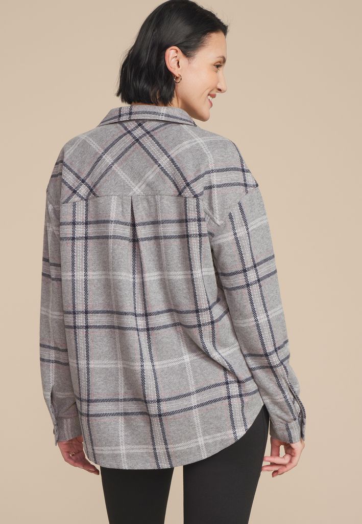 Plush Knit Plaid Boyfriend Button Down Shirt - Image 2