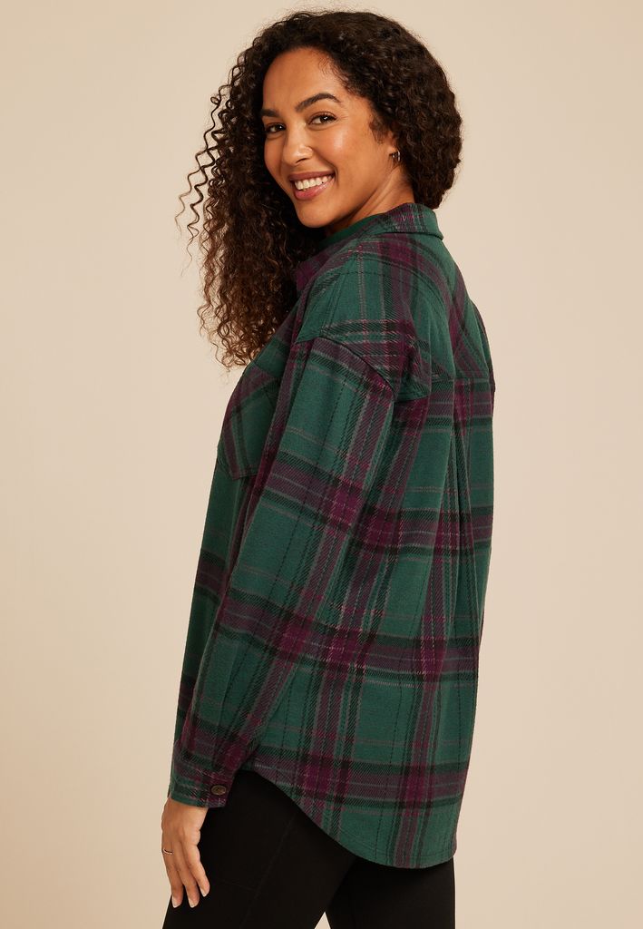 Plush Knit Plaid Boyfriend Button Down Shirt - Image 2
