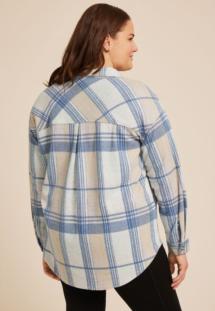 Plus Size Plush Knit Blue Plaid Boyfriend Button Down Shirt - Image 2