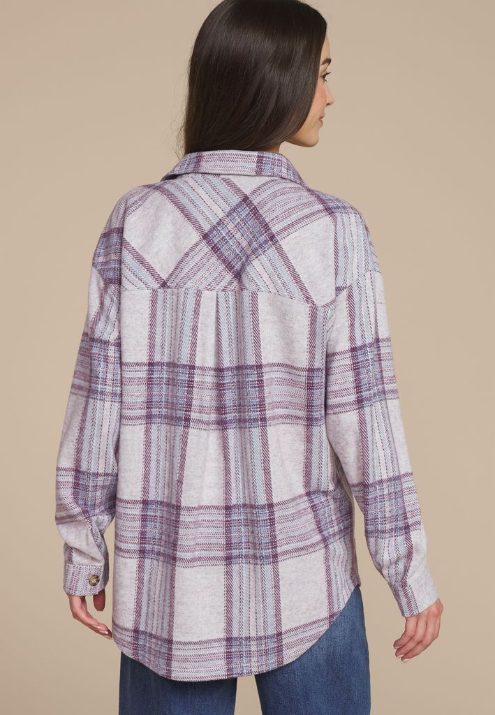 Plush Knit Purple Plaid Boyfriend Button Down Shirt - Image 2