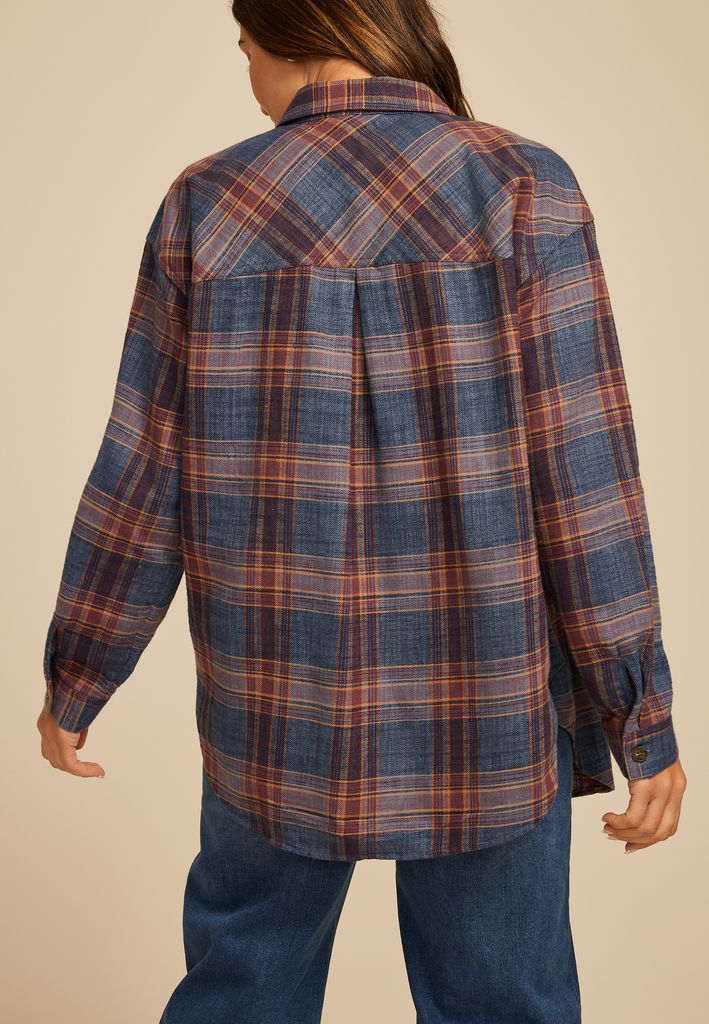 Cabin Plaid Boyfriend Tunic Button Down Shirt - Image 2