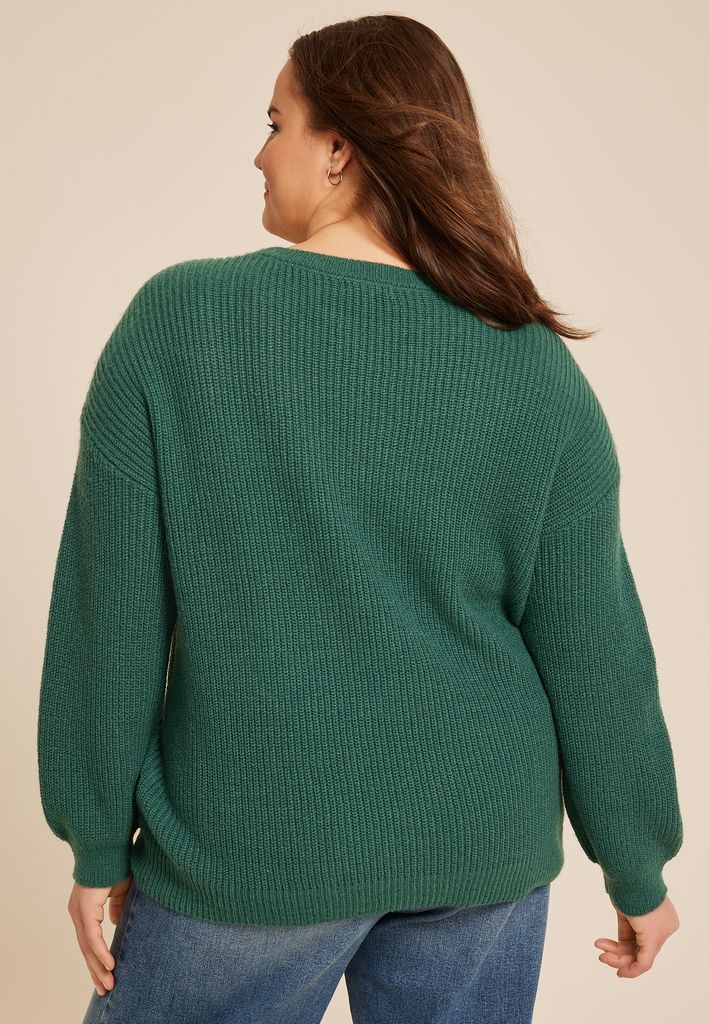 Plus Size Green V Stitch Crew Neck Sweater - Image 2