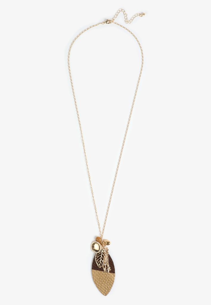 Gold And Brown Dipped Faux Leather Leaf Pendant Necklace - Image 2