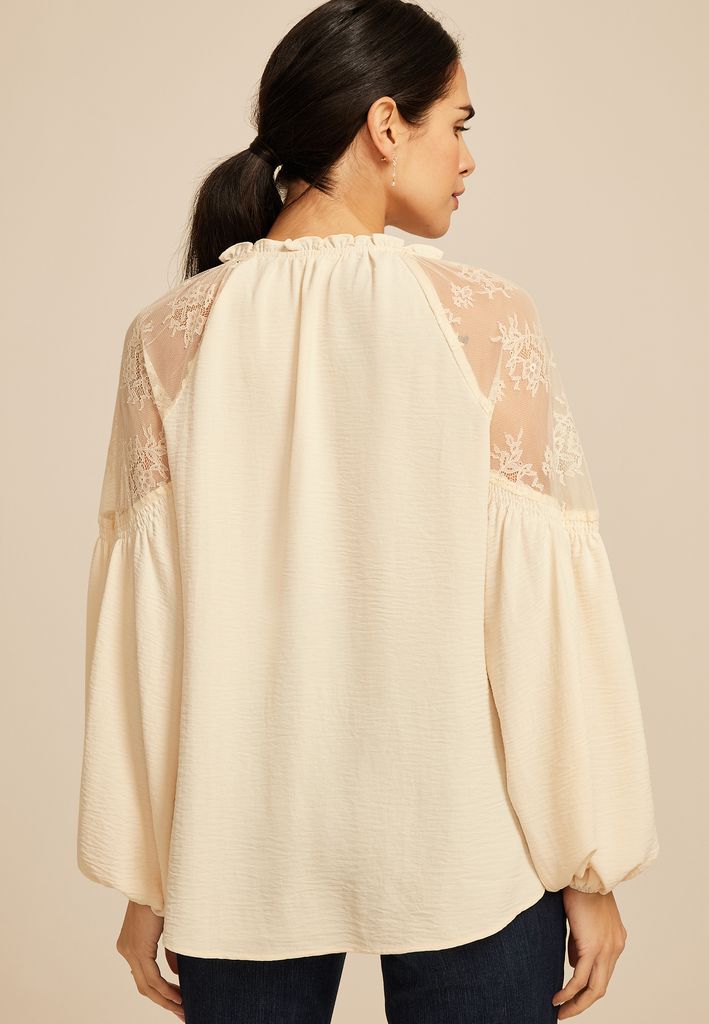 Lace Shoulder Balloon Sleeve Blouse - Image 2