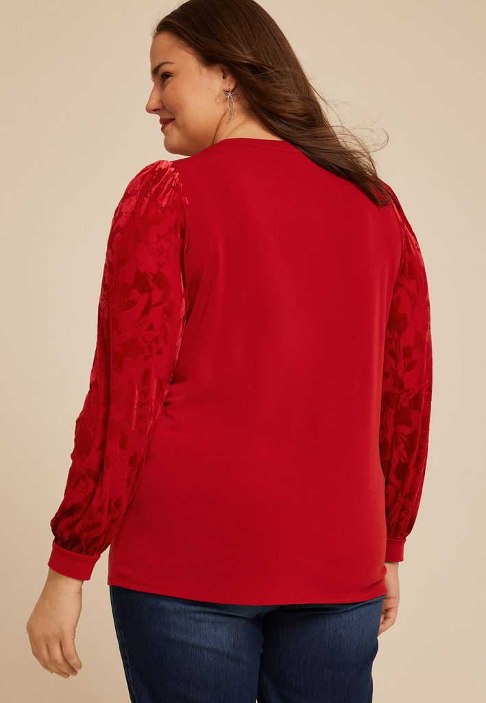 Plus Size Red Floral Velvet Puff Sleeves Top - Image 2