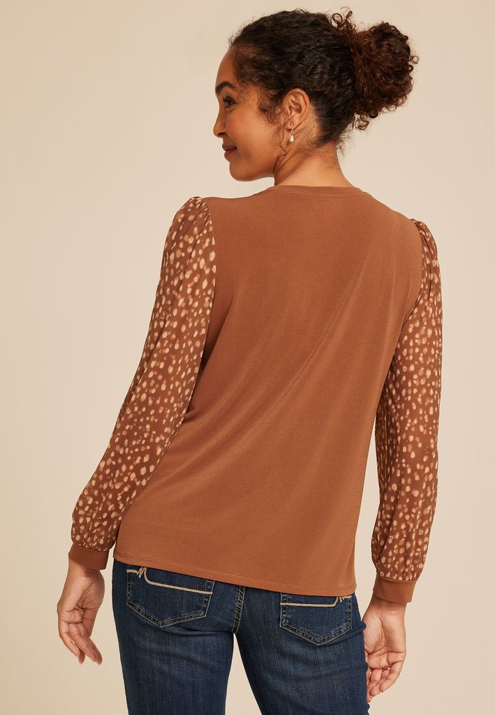 Brown Printed Mesh Puff Sleeves Top - Image 2