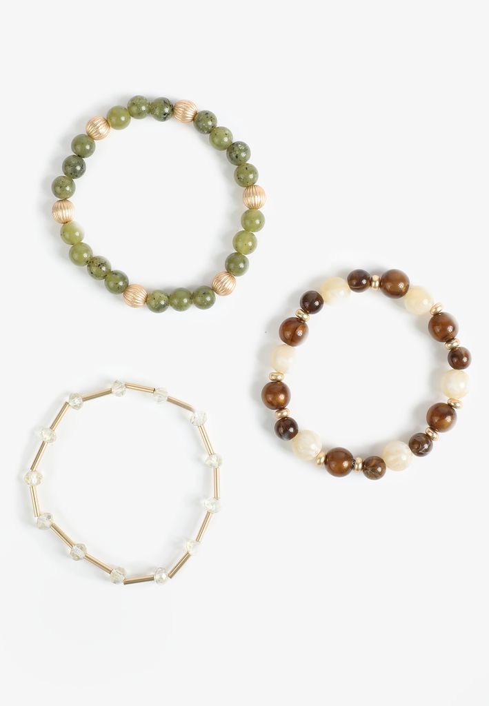 3 Pack Green Beaded Stretch Bracelet Set - Image 2