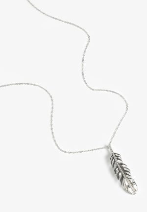 Silver Rhinestone Feather Pendant Necklace