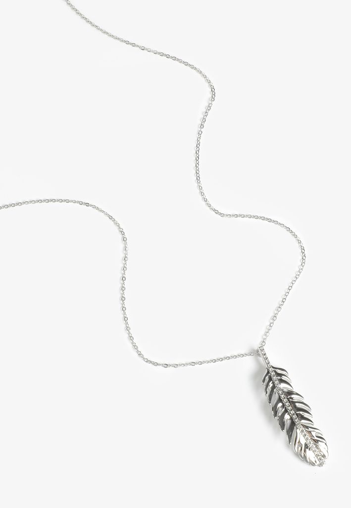 Silver Rhinestone Feather Pendant Necklace