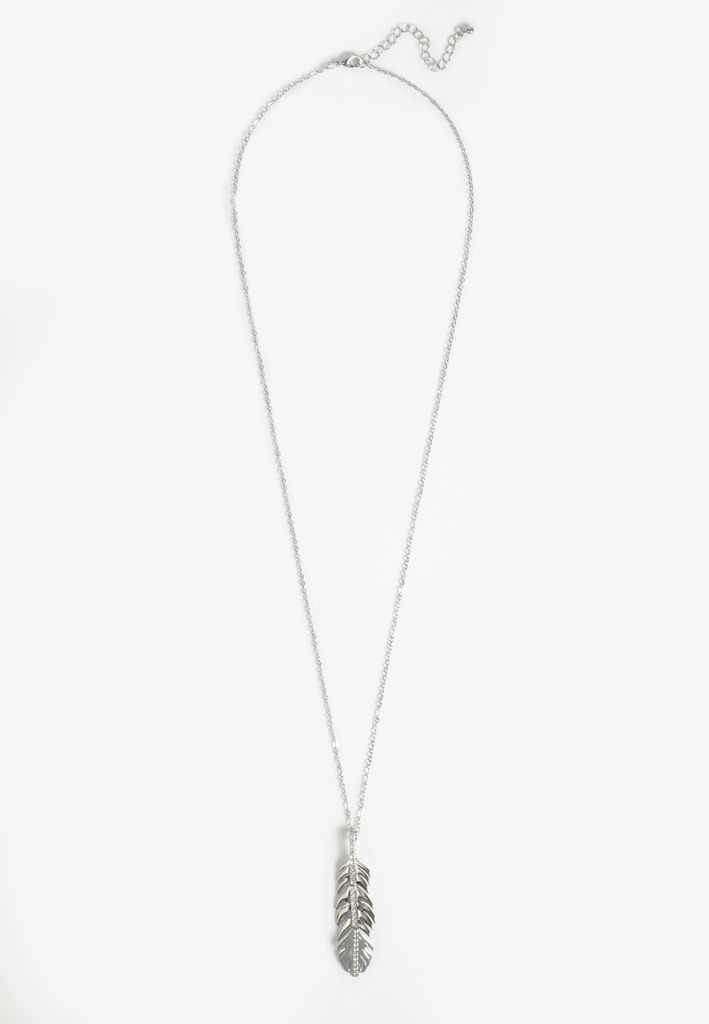 Silver Rhinestone Feather Pendant Necklace - Image 2