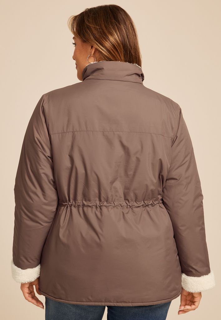 Plus Size Sherpa Trim Puffer Jacket - Image 2