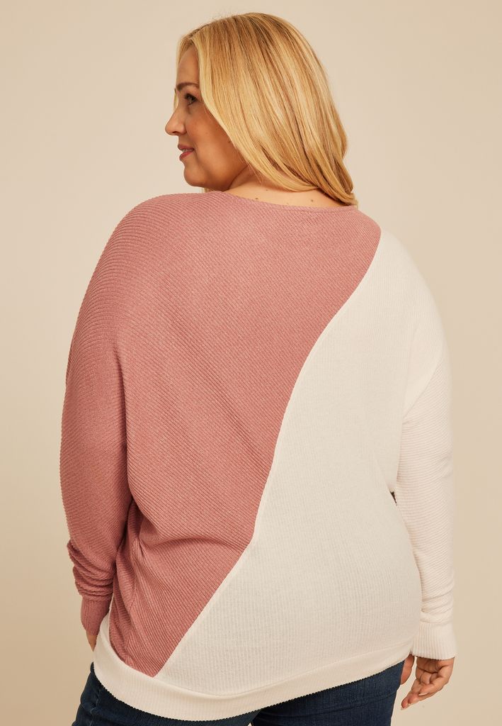 Plus Size 24/7 Dakota Diagonal Seam Colorblock Long Sleeve Tee - Image 2