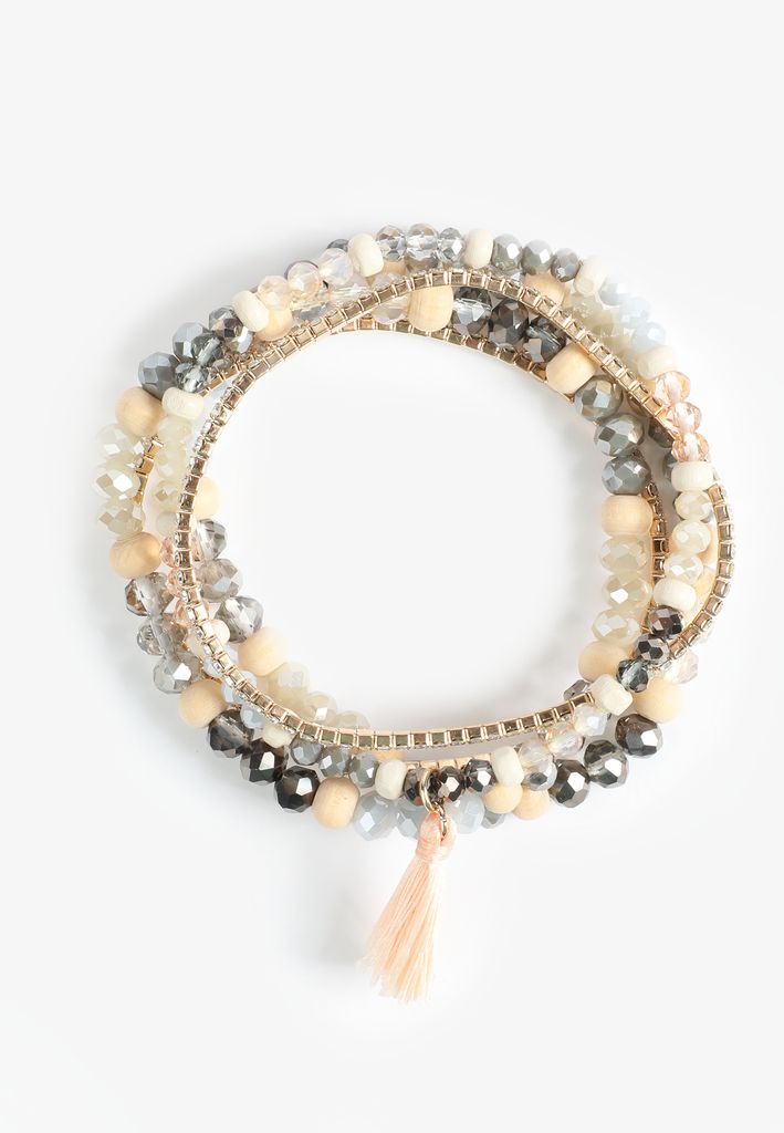 5 Pack Neutral Beaded Stretch Bracelet Set