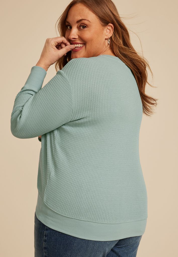 Plus Size Waffle Knit Floral Embroidered Relaxed Fit Sweatshirt - Image 2