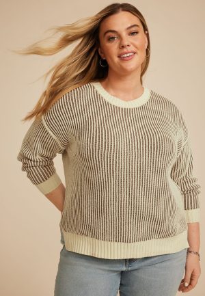 Plus Size Neutral Plaited Striped Sweater