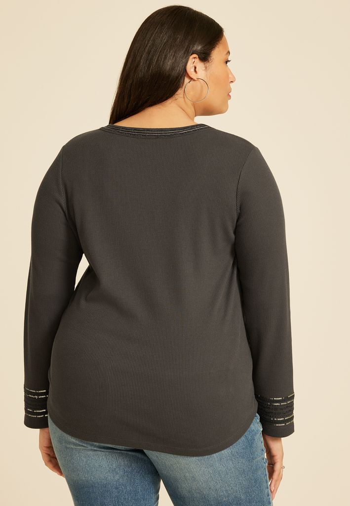 Plus Size Sequin Embellished Waffle Knit Long Sleeve Tee - Image 2