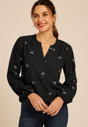 Black Bow Print V Neck Blouse