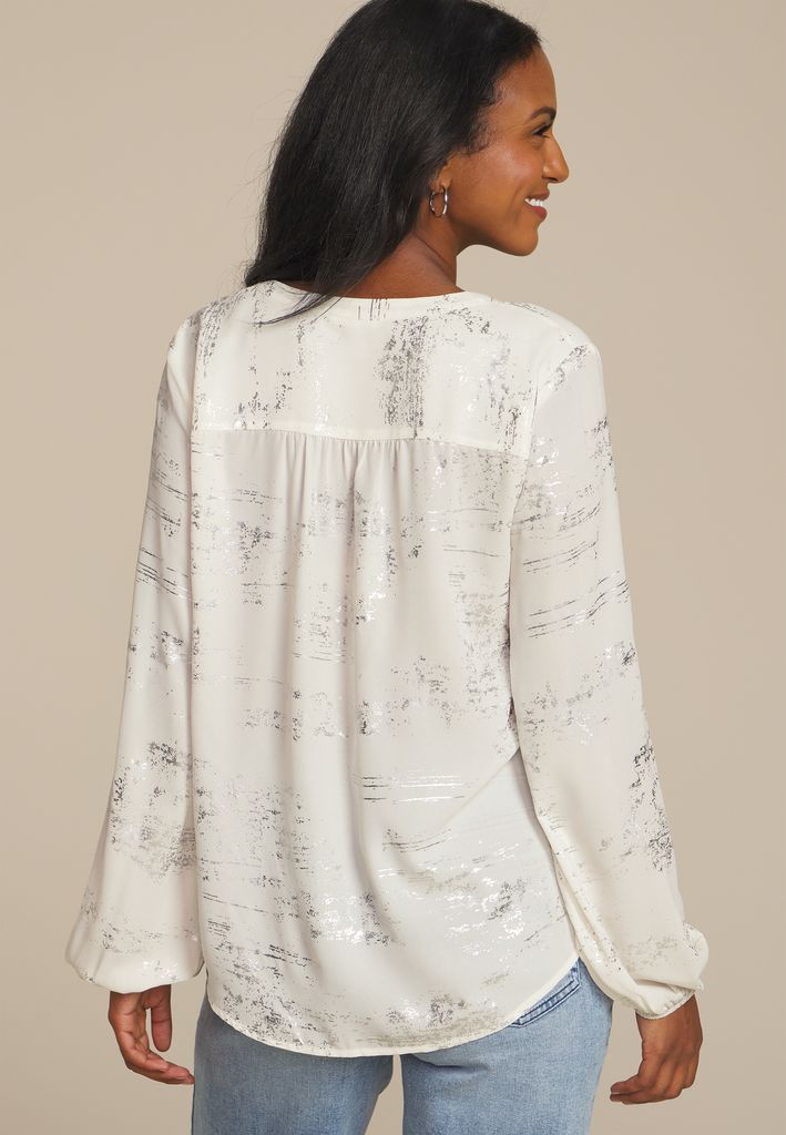 Metallic Abstract V Neck Blouse - Image 2