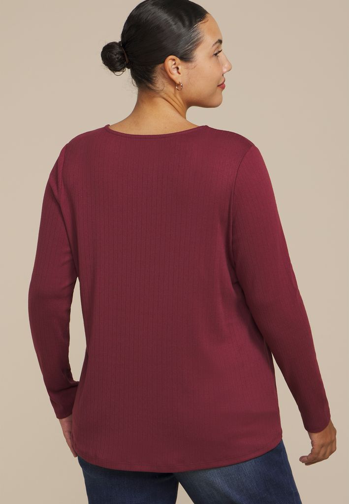 Plus Size Pointelle Button Front V Neck Top - Image 2