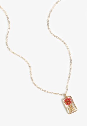 Gold Red Pressed Flower Necklace