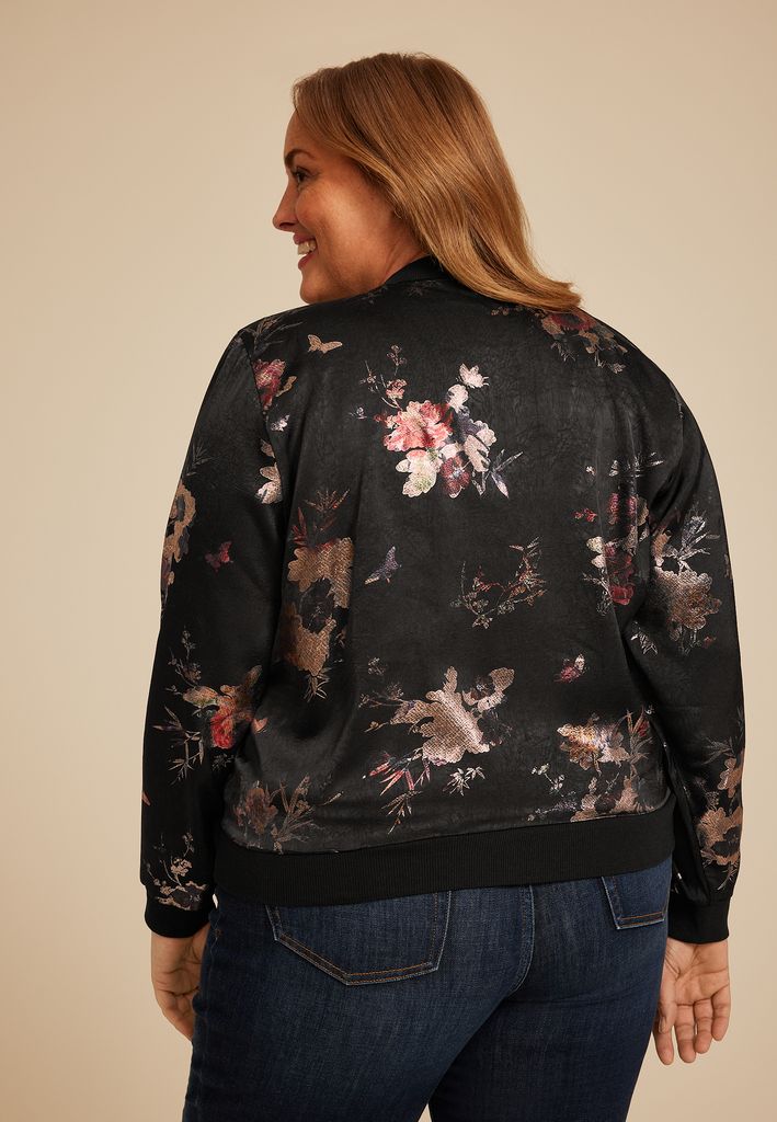 Plus Size Studio Y Metallic Floral Bomber Jacket - Image 2