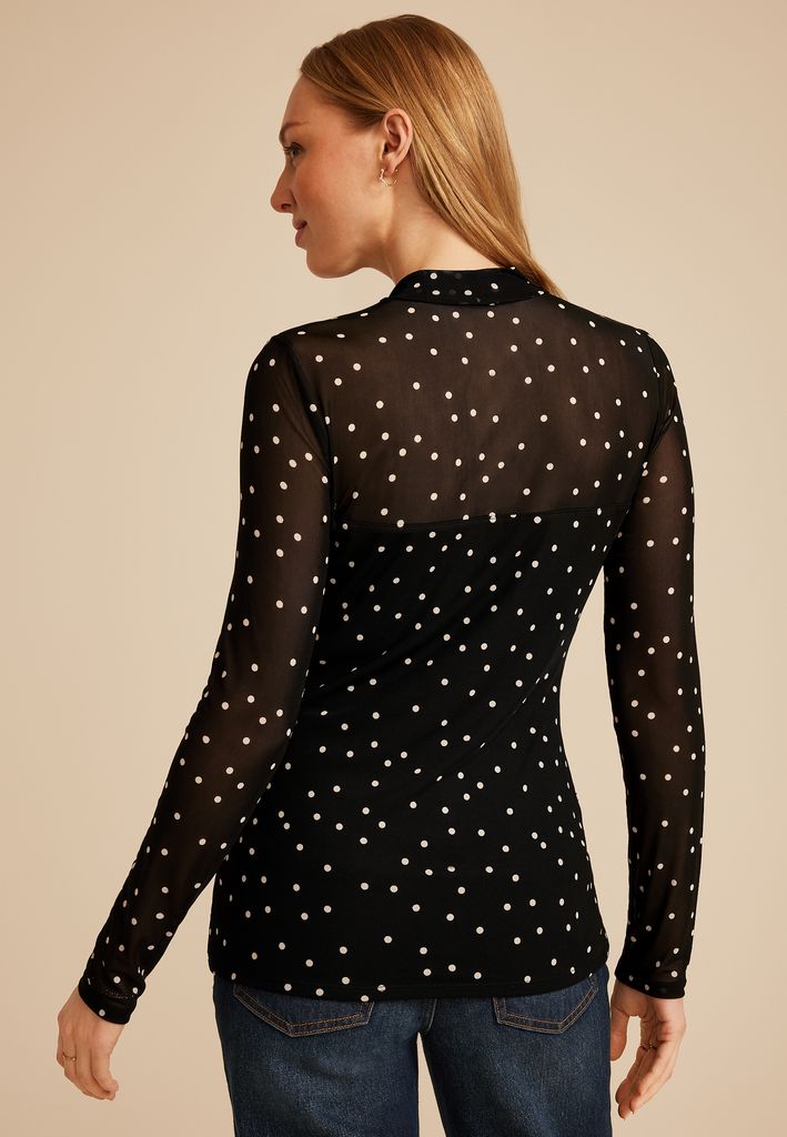 Polka Dot Mesh Mock Neck Blouse - Image 2