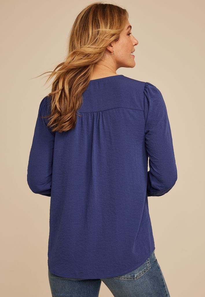 Pleated V Neck Button Front Blouse - Image 2