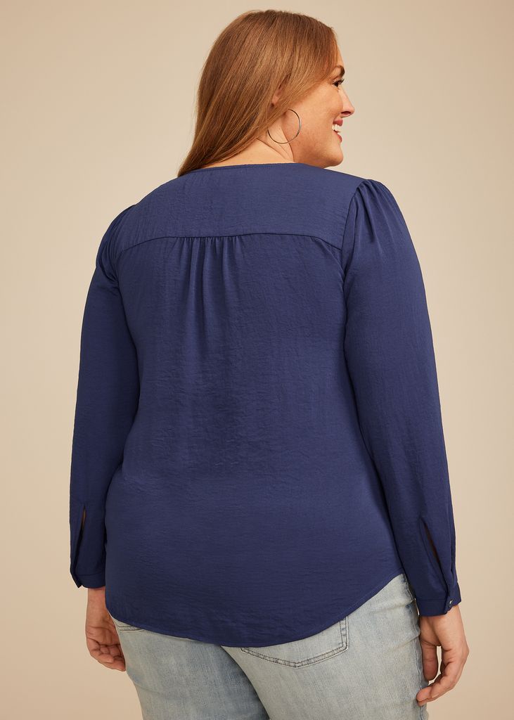 Plus Size Pleated V Neck Button Front Blouse - Image 2