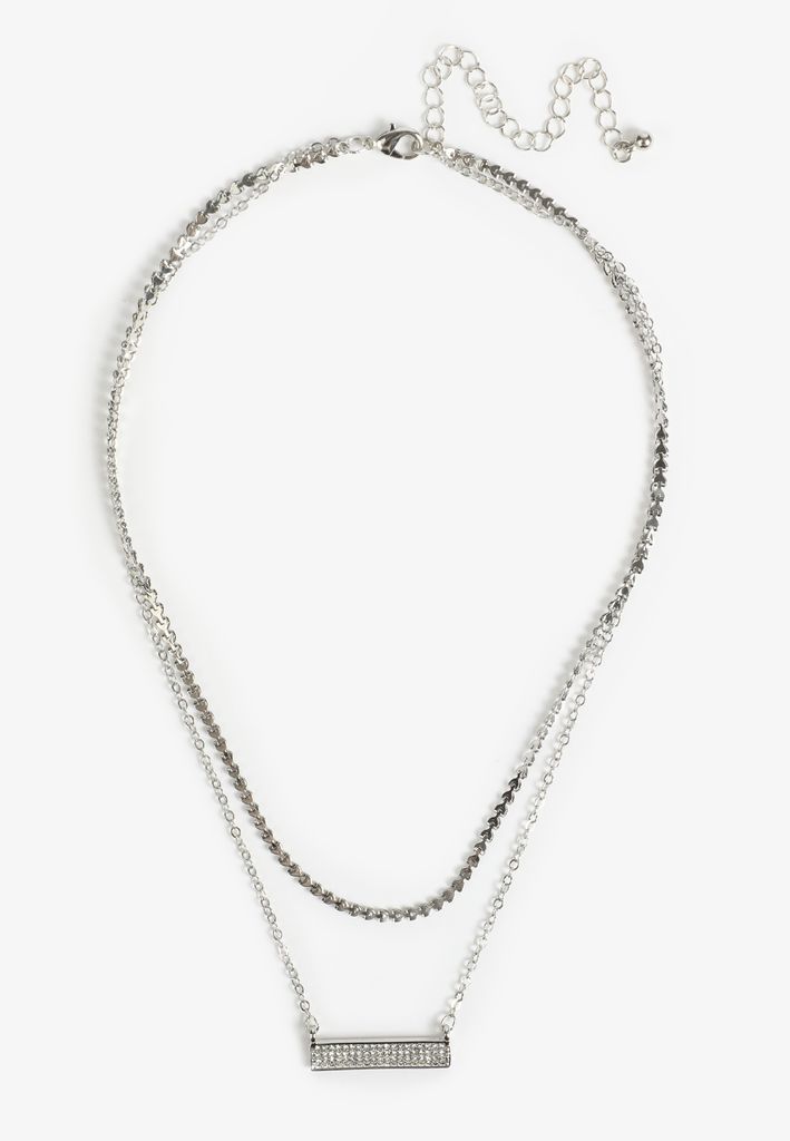 Silver Sparkle Bar Pendant Layered Necklace - Image 2