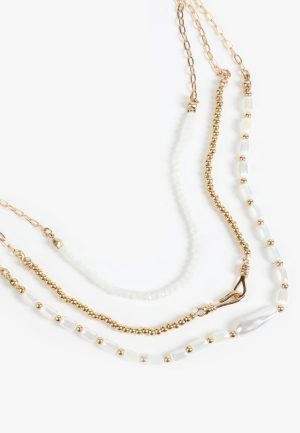 Gold And White Beaded Layered Necklace