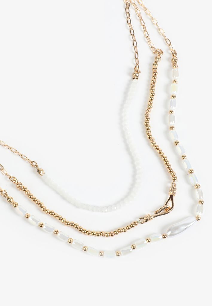 Gold And White Beaded Layered Necklace