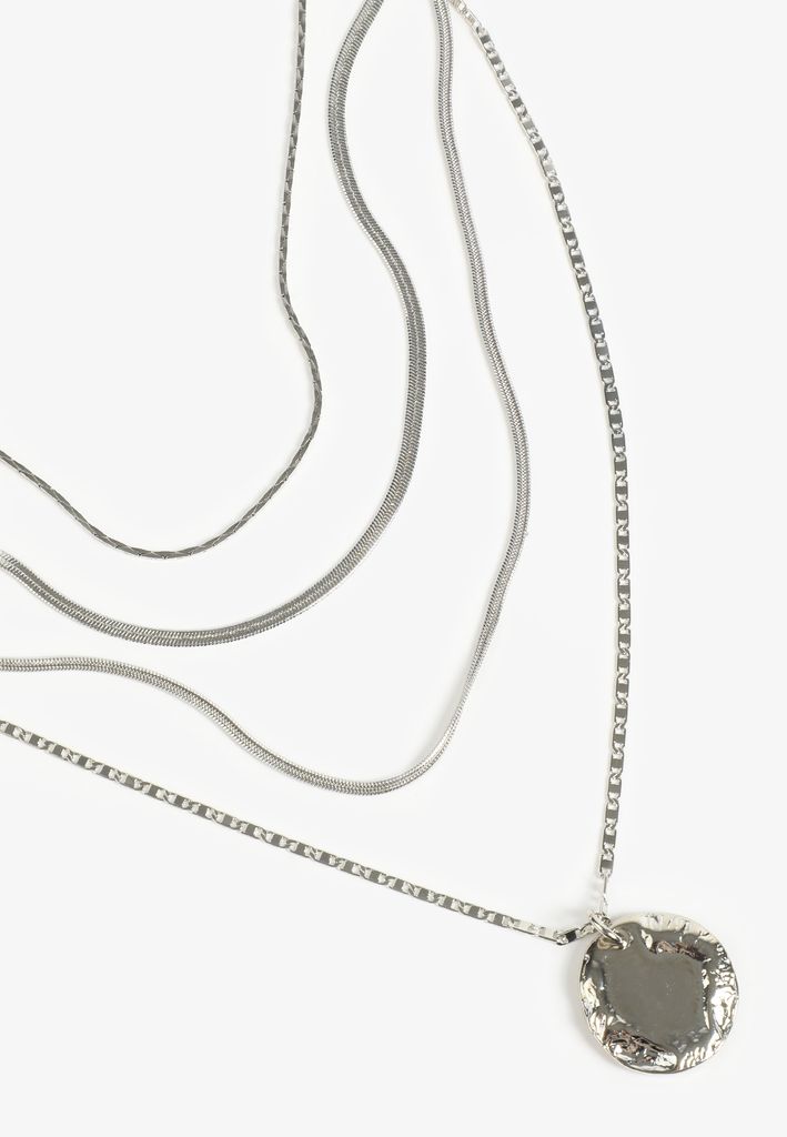 Silver Hammered Coin Pendant Layered Necklace