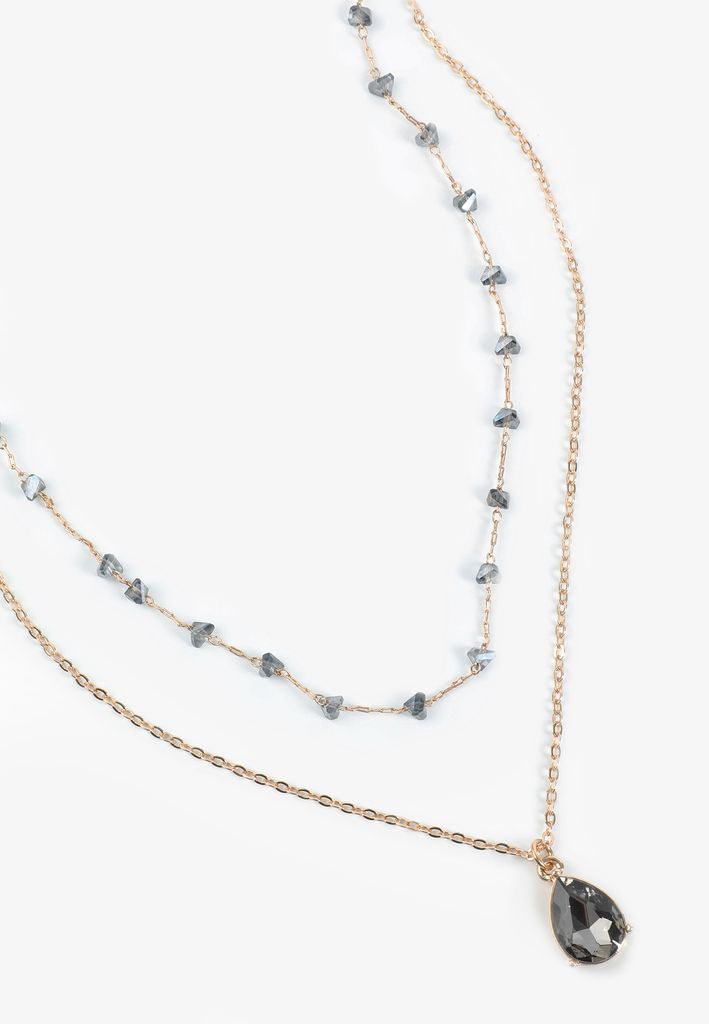 Smokey Blue Teardrop Pendant Layered Necklace